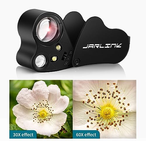 JARLINK 30X 60X Illuminated Jewelers Loupe Magnifier, Foldable Jewelry Magnifier with Bright LED Light for Gems, Jewelry, Coins, Stamps, etc