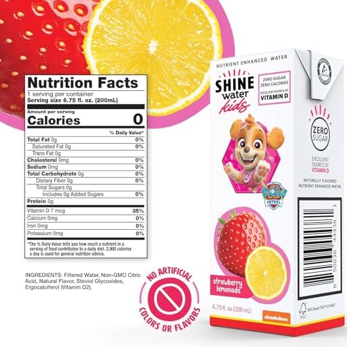 Shine Water x Paw Patrol Strawberry Lemonade Kids Juice Boxes with Vitamin D 32-Pack | No Added Sugar | Naturally Flavored Drinks for Kids | Vegan, Gluten Free, Zero Calorie Hydration