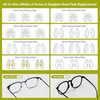 Eyeglass Nose Pads Replacement, 24 Pairs of Screw-in Glasses Nose Pads with Precision Screwdriver Set, Magnetic Eyeglass Repair Kit with Screws, Curved Tweezer for Travel, Birthday Gift, Christmas