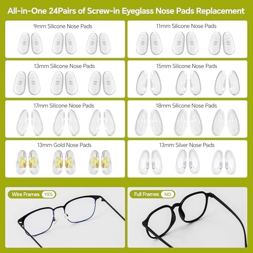 Eyeglass Nose Pads Replacement, 24 Pairs of Screw-in Glasses Nose Pads with Precision Screwdriver Set, Magnetic Eyeglass Repair Kit with Screws, Curved Tweezer for Travel, Birthday Gift, Christmas