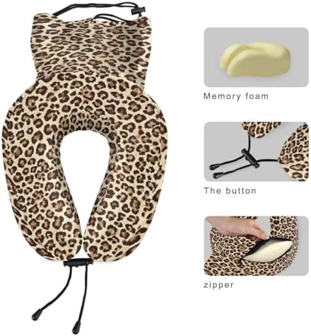 ALAZA Memory Foam Travel Pillow with Snap Clip Animal Leopard Print Geometric Brown Neck Pillow for Airplane Travel Kit, Soft Comfortable and Washable