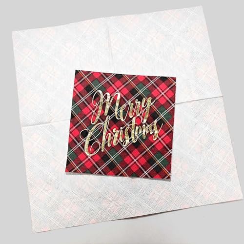 20 Pcs Buffalo Plaid Christmas Paper Napkins Disposable Beverage Cocktail Napkins Foil Gold Napkins Tableware Serviettes Luncheon Dinner Napkin Merry Christmas Party Decor