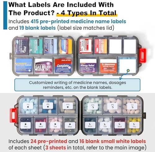 3 Pack 14 Grids Travel Pill Organizer Box with 415-Pcs Medicine Name Labels - Pocket Daily Pharmacy Case Container Kit - Travel Medication Holder Dispenser for Fish Oil Vitamin Supplement - Clear