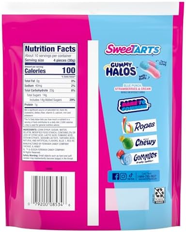 SweeTARTS Halos, Candy, Blue Punch and Strawberries and Cream, Tart and Chewy, Soft and Fluffy, 11 oz