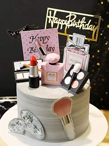 MEMOVAN Makeup Cake Topper 4 Pack, Resin Cosmetics Lipstick Perfume Bottle Eye Shadow Blush Make up Cake Decorations for Bridal Shower Bachelorette Girl Women Spa Salon Themed Birthday Party Supplies
