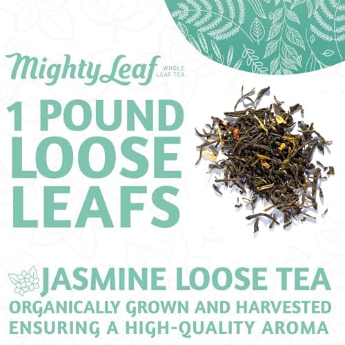 Mighty Leaf Organic Spring Jasmine Green Tea – 1 lb Bulk Loose Leaf Bag – Lightly Caffeinated Premium Whole Leaf Green Tea Naturally Scented with Jasmine Blossoms – Hot or Iced Brewing