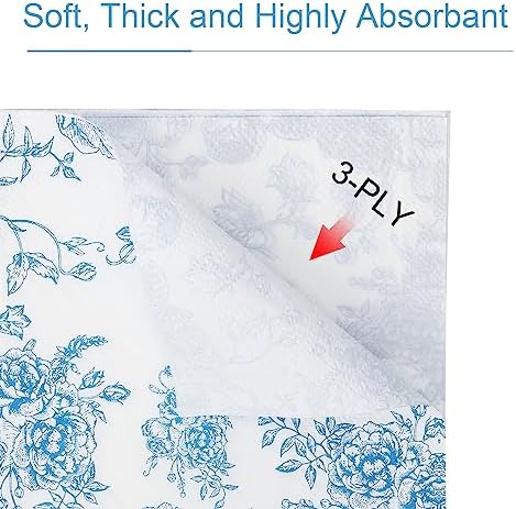 100 Pack Blue Floral Cocktail Napkins, Guest Hand Towels Disposable for Bathroom, Blue Floral Paper Napkins for Bridal and Baby Shower, Tea Party, Garden Party, Birthday Party