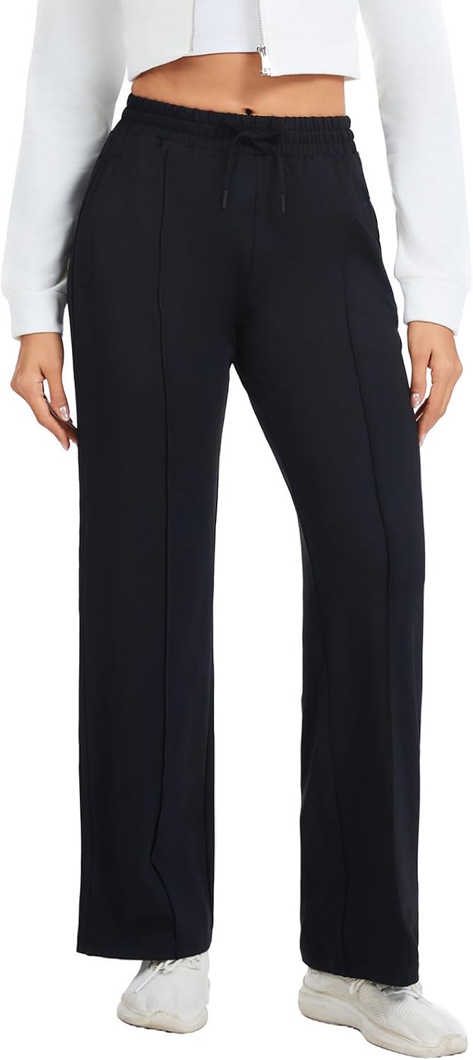Womens Track Pants with Zipper Pockets Loose Straight Leg Sweatpants, 28/30/32/34 Inseam, Petite/Regular/Tall