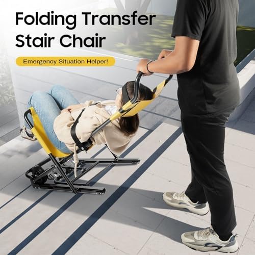 Folding Stair Chair with Wheels, 350LBS Capacity Emergency Evacuation Chair with Safety Belts, Portable Transport Stretcher for Home, Hospital, Public Spaces to Assist Moving Elderly, Yellow & Black