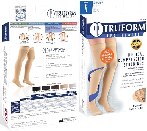 Truform 20-30 mmHg Compression Stockings for Men and Women, Knee High Length, Dot Top, Closed Toe, Beige, Medium