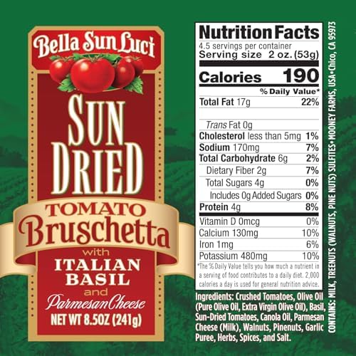 Bella Sun Luci Bruschetta with Italian Basil & Sun-Dried Tomatoes, Extra Virgin Olive Oil Spread for Bread, Pasta & Chicken, 8.5 oz