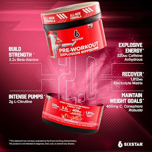 Six Star Pre-Workout Explosion, Watermelon (30 Servings) - Preworkout Energy Powder Supplement for Men & Women - Pre Workout Drink Mix with Creatine & Beta Alanine - Sports Nutrition Products