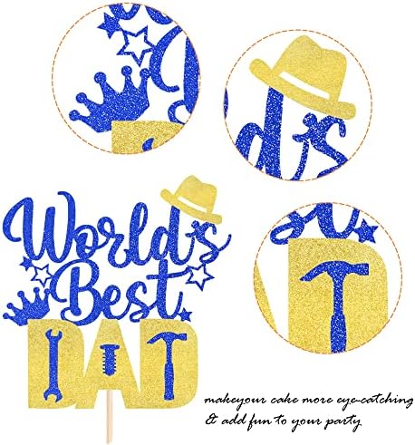 1 Pack Happy Father's Day Cake Topper Glitter World's Best Dad Cake Pick Hat Tool Love Dad Cake Decoration for Happy Father's day Theme Men Birthday Party Supplies Blue