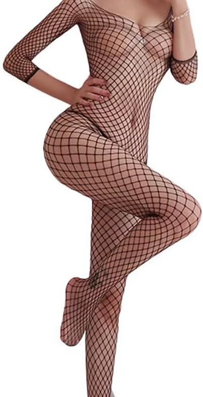Women's Sexy Mesh One-piece Stockings, fishnet bodysuit for women, Fishnet Long Sleeve Onesie Onesie, Romantic Dating Lingerie Pajamas (Black)