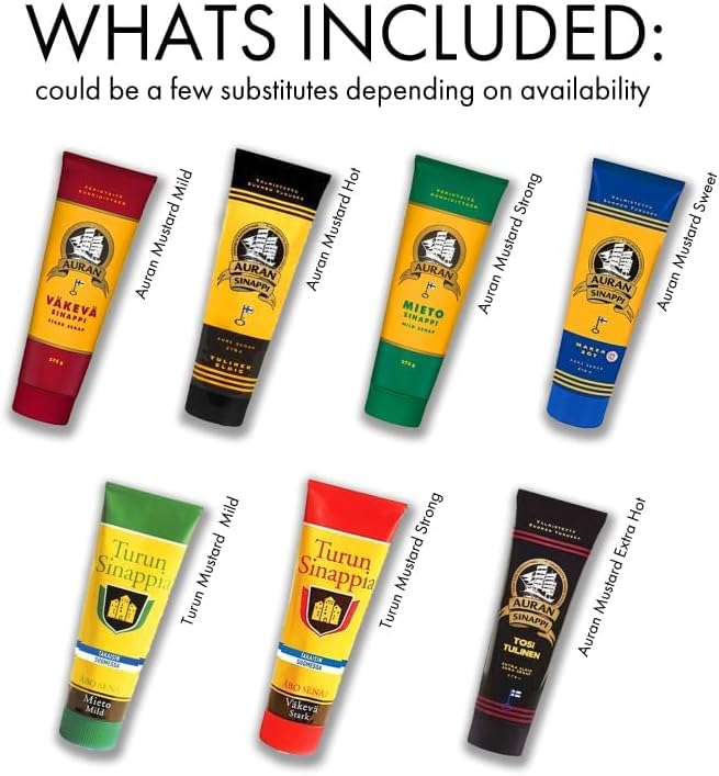 Finnish Mustard Mix Set Auran & Turun Mustard 275g (0.60lb) x 7 Tubes Many Flavors Finnish Mustard in a Söpösöpö Box SOPOSOPO