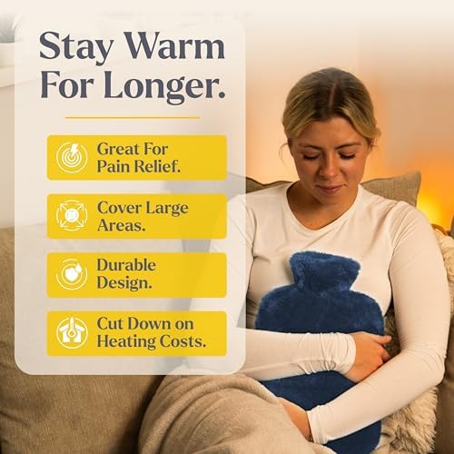 Qomfor XXL Large Hot Water Bottle with Faux Fur Cover – Cozy 3L Hot Water Bottle for Bed Warming, Pain Relief, Cramps & Back Pain – Durable, Safe, & Long-Lasting Water Hot Bottle for Sleeping (Blue)