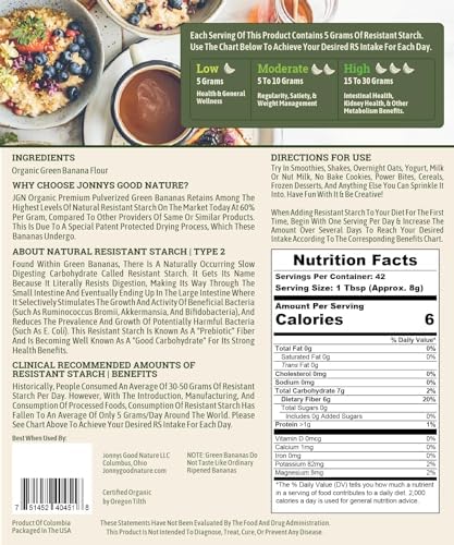 Jonnys Good Nature Organic Ultra High Resistant Starch Premium Green Banana Flour | On Average [10x's] More Prebiotic Fiber Per Gram Than Other Green Banana Flours On The Market | 42 Servings