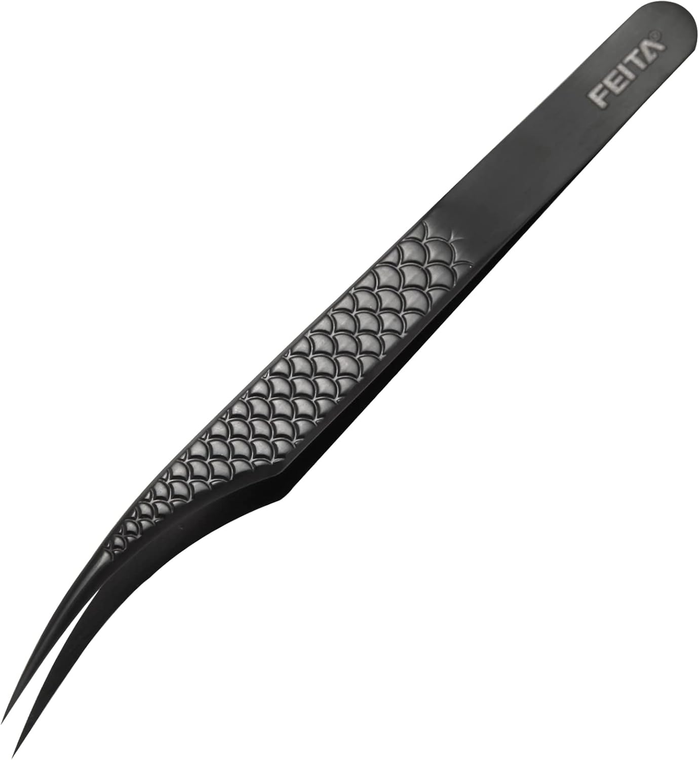 FEITA Diamond Grip Eyelash Extensions Tweezer Lash Precision Tweezers, Japanese Steel Dolphin-shaped Tip, False Lashes Application Tools, Black 1Pc