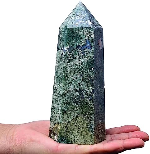 Large Moss Agate Towers Green Crystal Point Obelisk 6 Faceted Healing Crystal Stone Wand for Meditation Gift 1.3-1.7 Pound