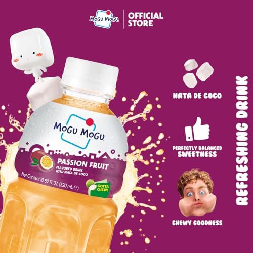 Mogu Mogu Drink Passion Fruit (6 Bottles) Delicious drinks made with nata de coco (coconut jelly). Fun chewable juice boxes for kids. Famous Asian drinks. Juice bottles made for adults and kids. Ready to drink