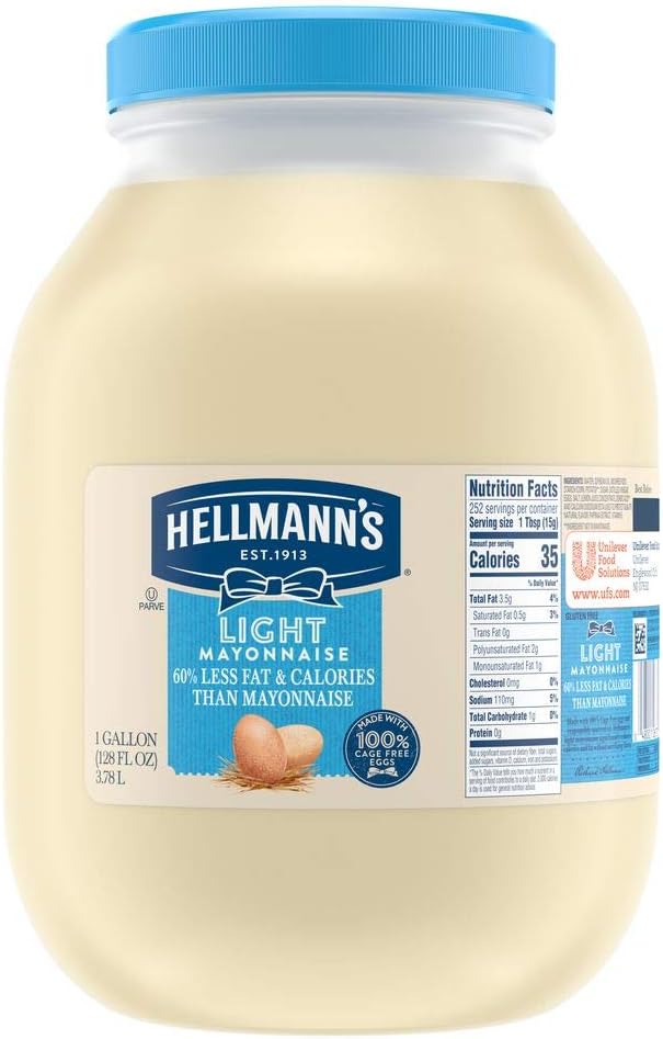 Hellmann's Light Mayonnaise Jar Condiment for Sandwiches, Salads, Mayo Made with 100% Cage Free Eggs, Gluten Free, 1 gallon (Pack of 1)