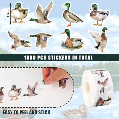 JarThenaAMCS 1000Pcs Mallard Duck Stickers Watercolor Duck Hunting Adhesive Label Decals for Birthday Baby Shower Party Card Envelope Sealing, 1.5 Inch