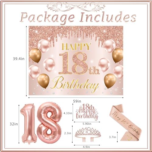 RTHPY 18th Birthday Decorations for Girls, It's My 18th Birthday Crown and Sash Pink Rose Gold 18th Cake Topper Banner Backdrop Balloons Hanging Swirls Happy 18 Years Old Party Supplies