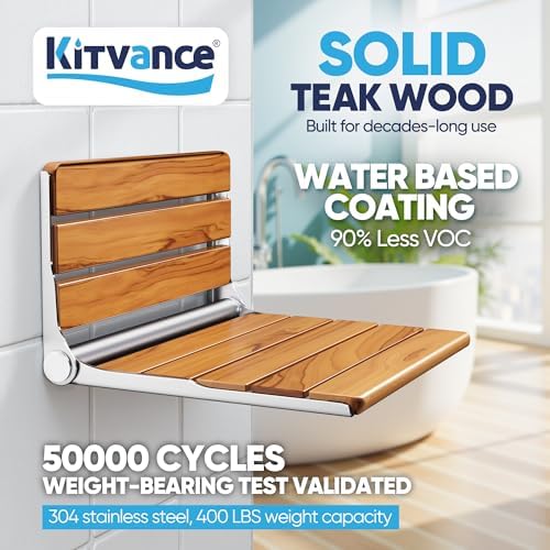 [Upgraded Version] 20" Folding Teak Shower Seat Wall Mounted- Shower Bench for Inside Shower, ADA Compliant Teak Shower Seat Wall Mounted Bench Bathroom Stool, Folding Bathtub Shower Seat for Elderly