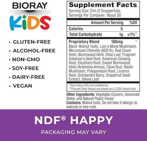BIORAY Kids NDF Happy, Peach - 2 fl oz - Removes Unwanted Organisms That Can Trigger Irritability - 1-2 Month Supply
