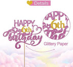Pink Glitter Happy 6th Birthday Cake Topper, 'Happy 6th Birthday' Cake Decor, Gold Number 6, 1 Pre-Packaged, Pink