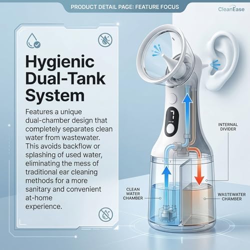 Clear Ease Ear Cleaner, Clearease Ear Wax Removal, Safe Ear Cleaning Device with 4 Pressure Modes & LED Display, USB Rechargeable Water Flushing System for Ear Wax Removal at Home