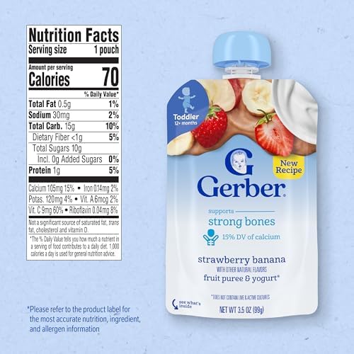 Gerber Toddler Food, Strawberry Banana, Fruit Puree and Yogurt Pouch. No Added Sweeteners, 12PK