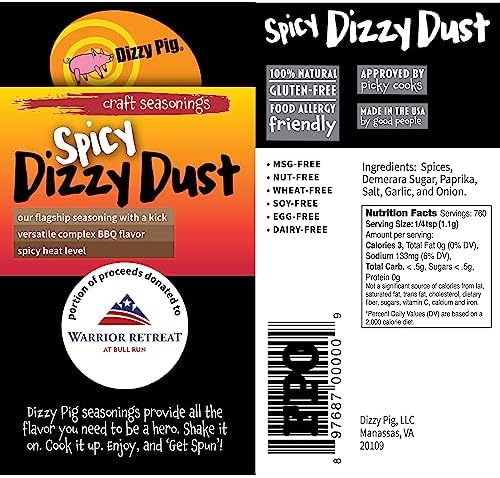 Dizzy Pig Spicy Dizzy Dust All-Purpose Barbecue Seasoning Rub (Quart Shaker) - Hand Made in the USA - Seasons Around 120lbs of Food - MSG Free, Gluten Free