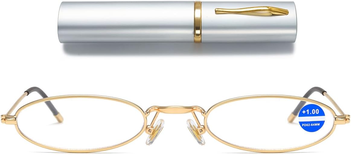 Easy Carry Mini Slim Reading Glasses Blue Light Blocking Oval Metal Portable Readers w/Pen Clip Tube Case