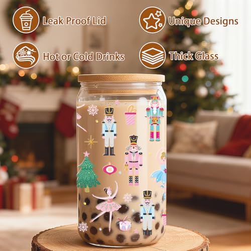 Nutcracker Glass Cups Gifts - 16oz Christmas Iced Coffee Cups with Lid Straw, Nutcracker Print Glass Tumbler Drinking, Mom Girlfriend Besties Christmas Xmas Winter Holiday Mother's Day Gift