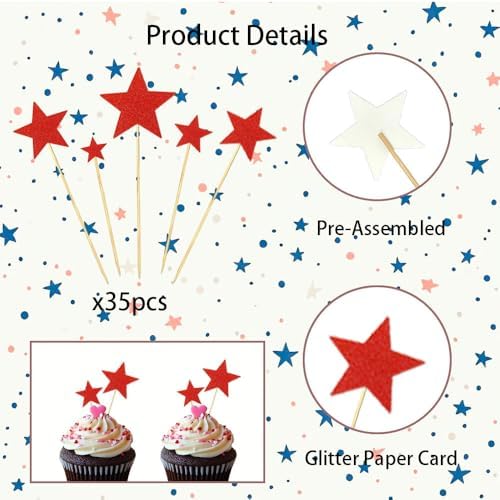 35 PCS Red Stars Cupcake Toppers Glitter Assembled Twinkle Star Cupcake Picks Bridal Shower Birthday Party Decorations for Wedding Engagement Birthday Party Cake Decorations Supplies Mixed Size Star