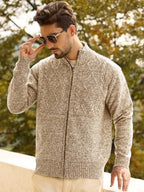 Les umes Mens Knitted Full Zipper Cardigan Fleece Lined Sweater Warm Stand Collar Jumper Coat with Pockets