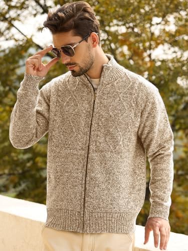 Les umes Mens Knitted Full Zipper Cardigan Fleece Lined Sweater Warm Stand Collar Jumper Coat with Pockets