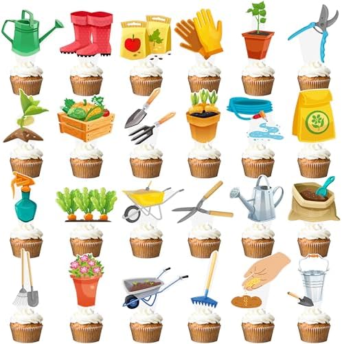 48Pcs Gardening Tool Cupcake Toppers Garden Birthday Party Decorations Garden Tool Theme Summer Party Dessert Cupcake Decorations for Spring Theme Birthday Party Baby Shower Supplies