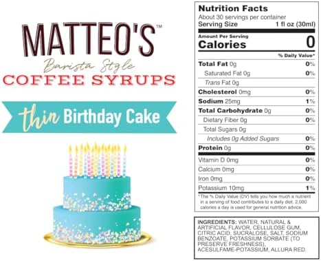 Matteo's Birthday Cake Syrup for Coffee, Lattes, Cappuccinos & Desserts – Sugar-Free Sweetener for Beverages, Keto Friendly, Zero Calories, Indulgent Flavor, Non-Alcoholic, 33.8oz (1pk)