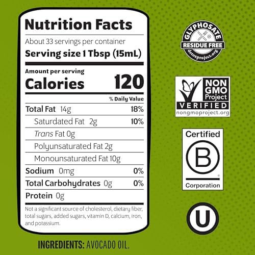 Chosen Foods Avocado Oil, 16.9 Fl Oz - All Purpose Cooking Oil made from 100% Pure Avocados - Non-GMO, Gluten-Free, Keto Friendly, Glyphosate Free - 500mL (Pack Of 1)
