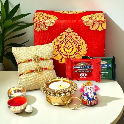 LOVENSPIRE Rakhi Gift Hamper for Brother 2PC Ganesha Rakhi with Candle Holder Ceramic Key Chain Roli Chawal Rakshabandhan Card Chocolates with Premium Brocade Gift Box - Bracelet for Bhai Bhabhi
