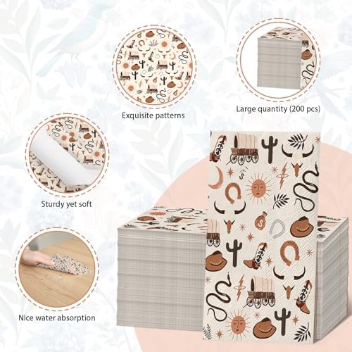 200 Pcs Western Cowboy Paper Napkins Brown Wild West Rodeo Disposable Luncheon Napkins Wild West Disposable Hand Towels Cowgirl Paper Napkin Decorative Cowboy Party Decor Cocktail Napkin Baby Shower