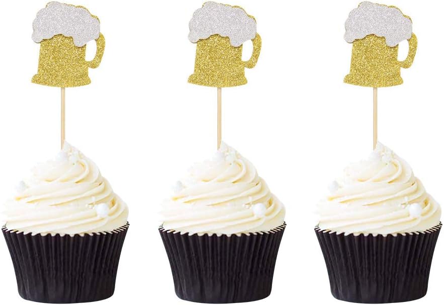 24Pcs Glitter Golden Beer Mug Cupcake Toppers Beers Cupcake Picks for Beer Festival Celebrating Party Cheers to 30th 40th 50th 60th Birthday Cake Decorations Beers Themed Party Decors