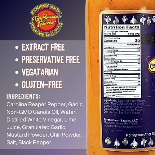 Torchbearer Sauces Garlic Reaper Sauce, 5oz Garlic & Carolina Reaper Hot Sauce, Heat Level 9 - Featured on Hot Ones - All Natural, Extract-Free, Made in USA