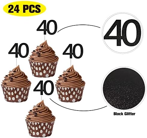 Sumerk 24PCS 40 Cupcake toppers Black Glitter 40th Birthday Cupcake Picks Anniversary Party Decorations