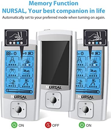 NURSAL 24 Modes TENS Unit Muscle Stimulator with Continuous Stimulation, Rechargeable Electronic Pulse Massager with 8 Pads for Back and Shoulder Pain Relief and Muscle Strength (Silver)
