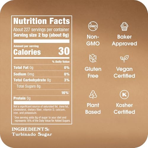 Sugar In The Raw Granulated Turbinado Cane Sugar, No erythritol, Pure Natural Sweetener, Hot & Cold Drinks, Coffee, Cooking, Baking, Vegan, Gluten-Free, Non-GMO, Bulk Sugar, 4lb Bag (1-Pack)