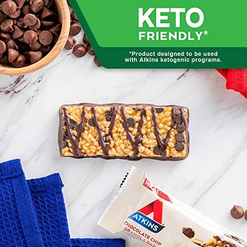 Atkins Chocolate Chip Granola Protein Meal Bar, High Fiber, 17g Protein, 1g Sugar, 3g Net Carbs, Meal Replacement, Keto Friendly, 8 Count