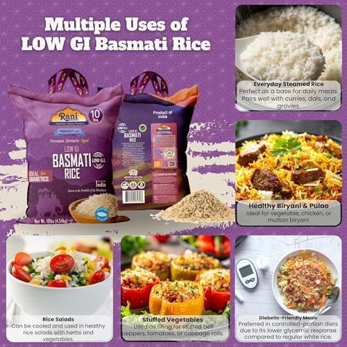 Rani White Basmati Rice Low GI (Glycemic Index) Extra Long Aged, Ideal for Diabetics, 10lbs (160oz) 4.53kg Cloth Bag ~ All Natural | Gluten Free | Vegan | Indian Origin | Export Quality